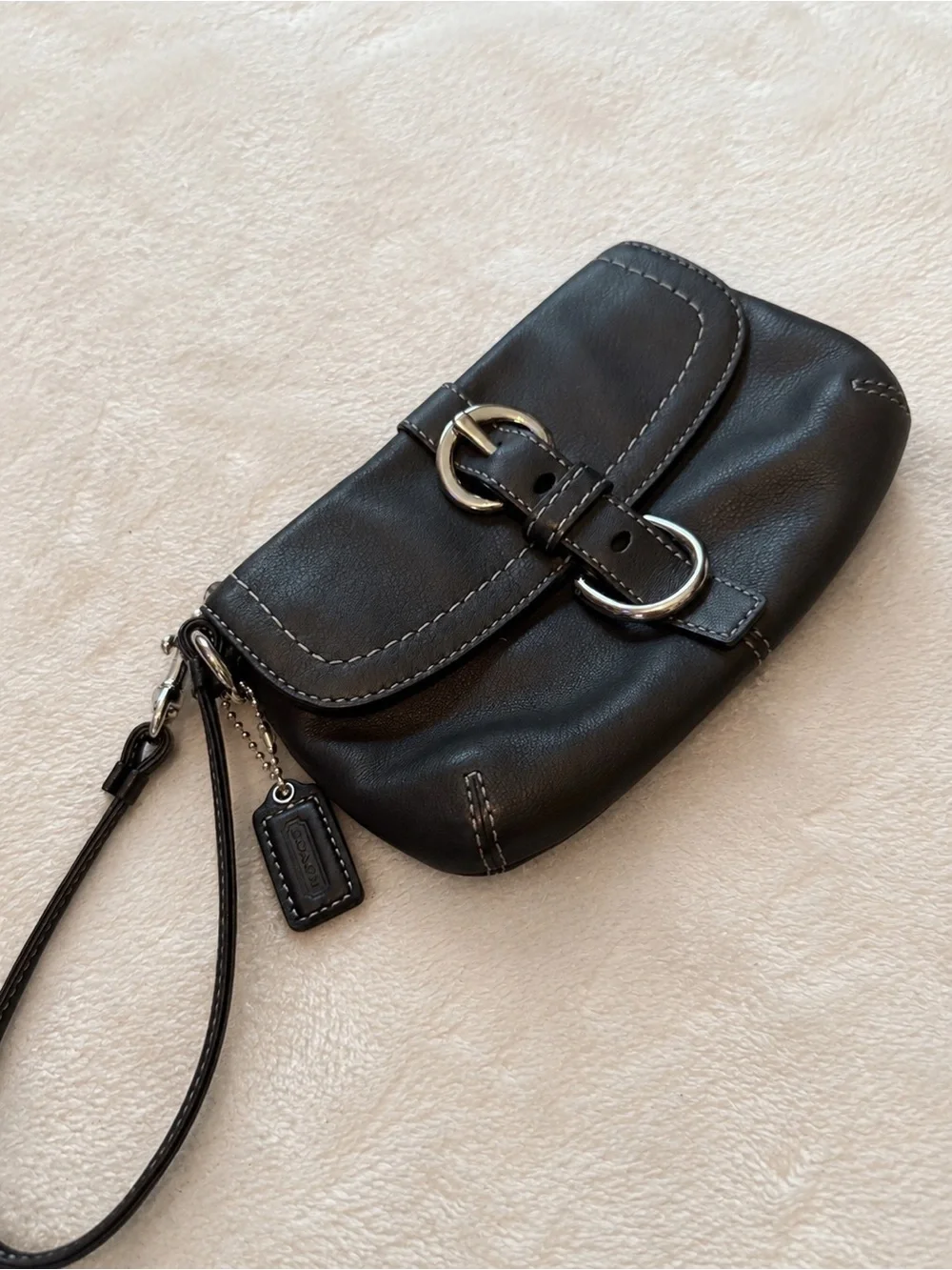 Coach Black Leather Wristlet Clutch with Silver Buckle
